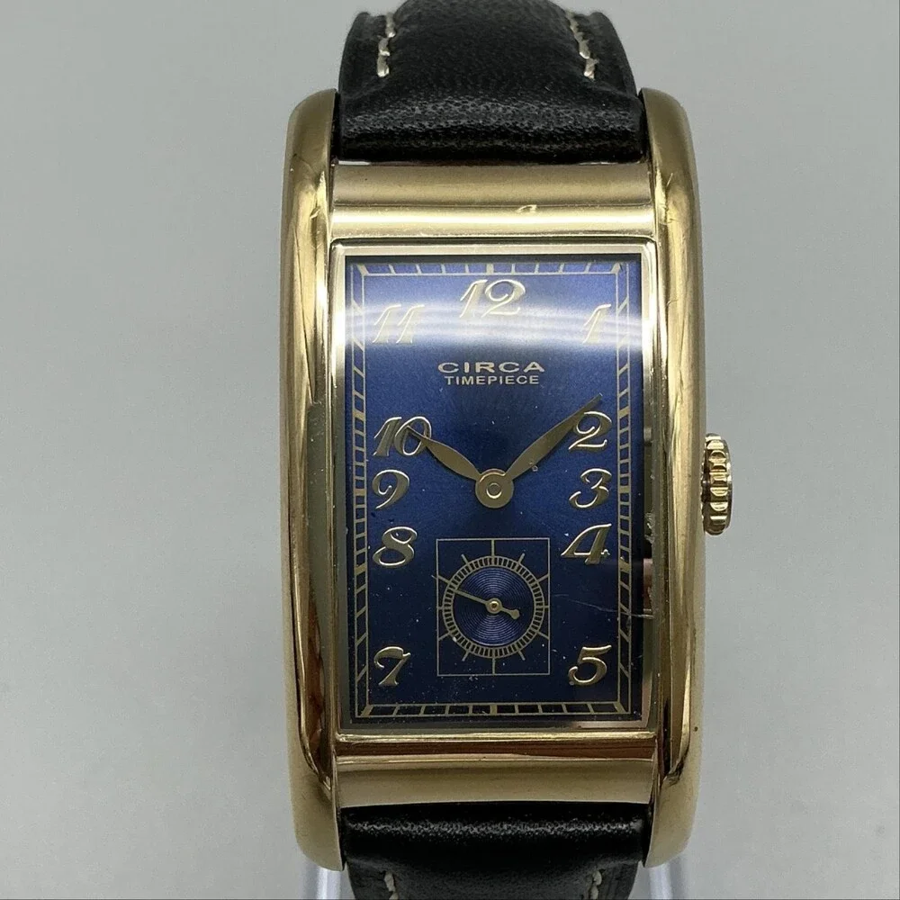 Circa Watch Company Mens Watch 24mm Blue Dial Gold Plated Leather New Battery